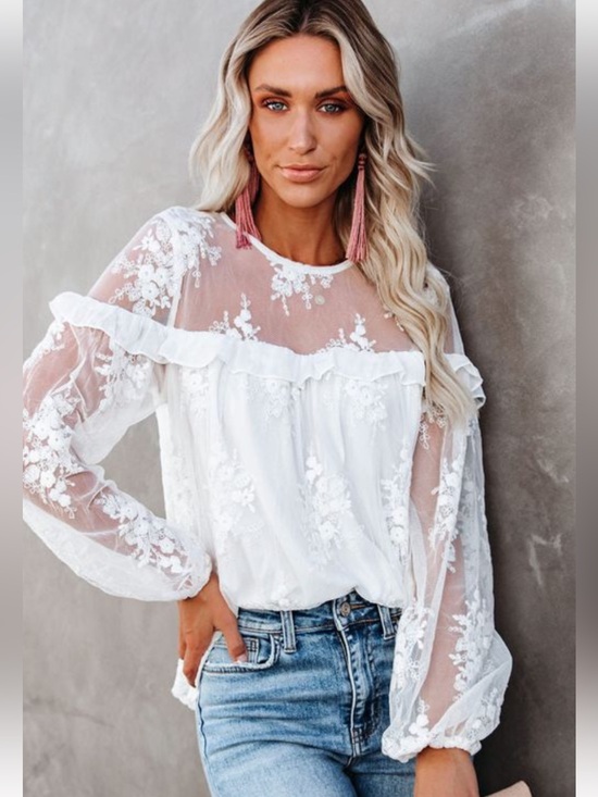 Vine & Love Tops - Vine & Love White Sheer Lace Floral Ruffle Trim Embroidered Blouse New With Tags